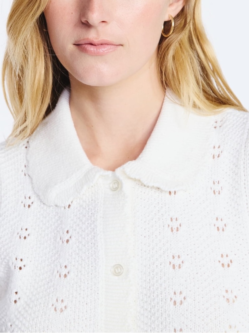 Free Assembly 100% Cotton Pointelle Peterpan Collar White Knit Cardigan NEW - Picture 2 of 7